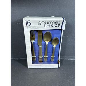 Gourmet Basics by Mikasa Gold Stain Champagne Westfield 14 Piece Flatware - NIB